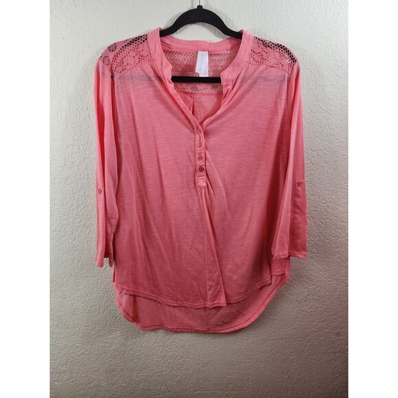 No Boundaries Womens XL Pink Quarter Button Henley Long Roll Tab Sleeve Blouse - Picture 1 of 6